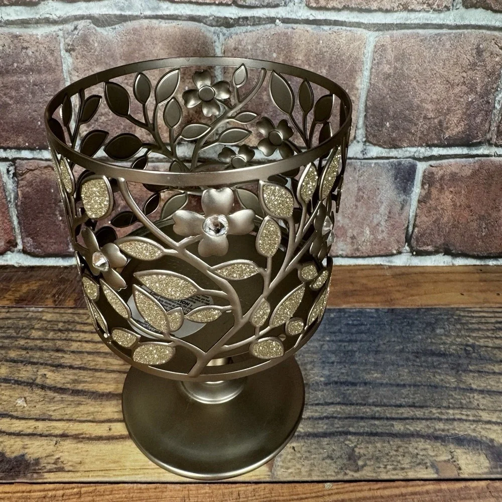 Bath Body Works White Barn Rhinestone Flower Metal 3-wick Candle Holder Pedestal - Picture 2 of 6